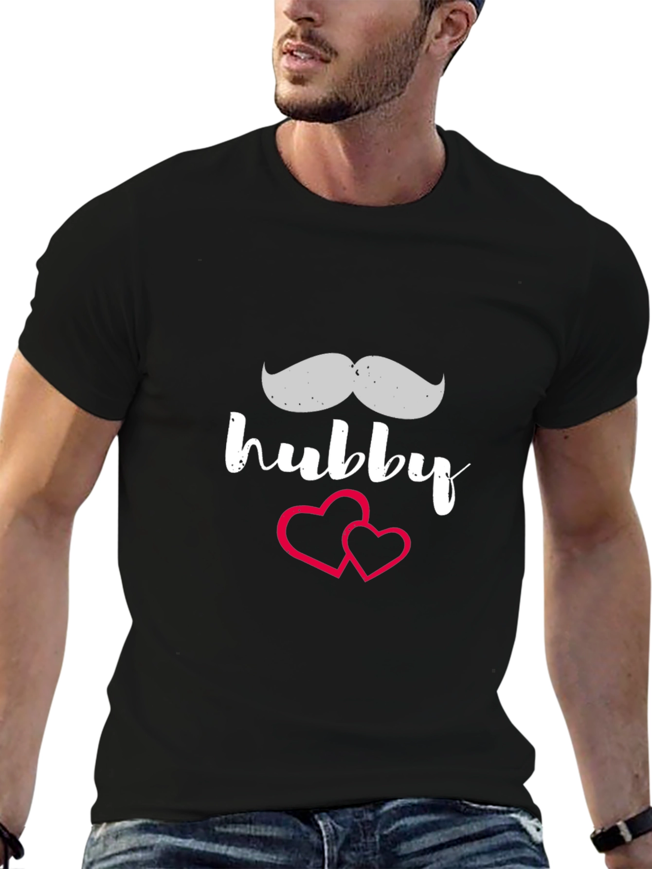 Hubby Mustache Heart T-Shirt - Black