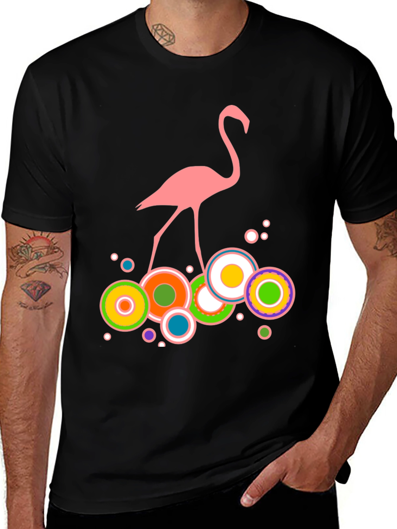Pink Flamingo Graphic Print Mens Black T-Shirt
