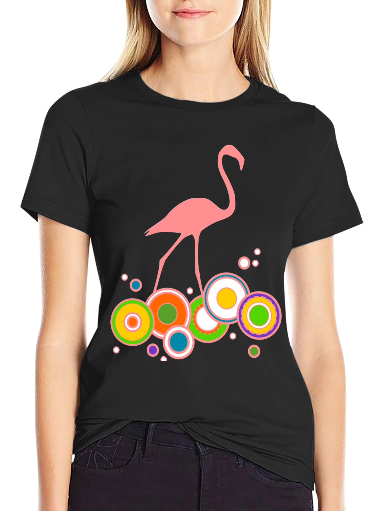Pink Flamingo Graphic Print Mens Black T-Shirt