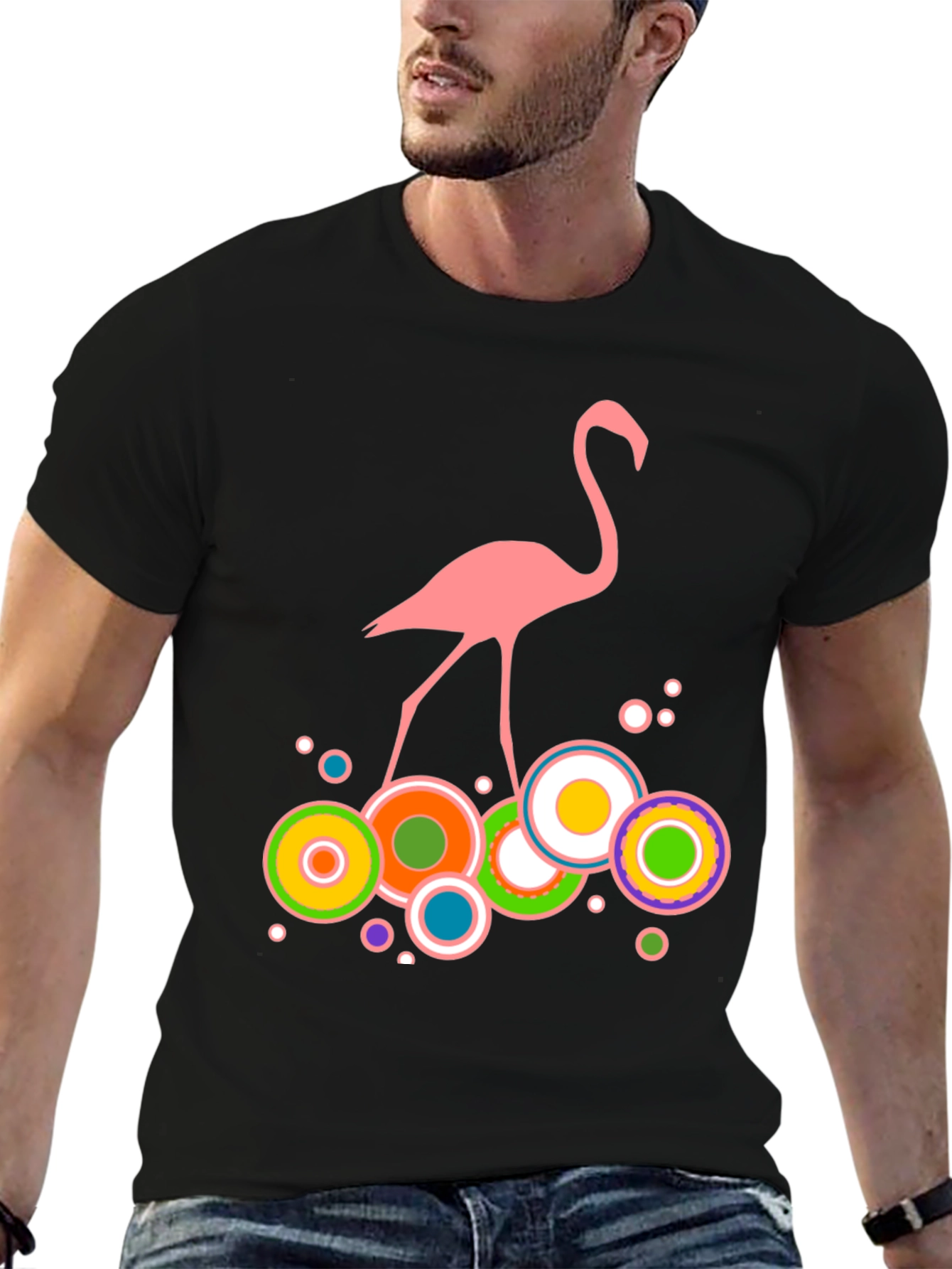 Pink Flamingo Graphic Print Mens Black T-Shirt