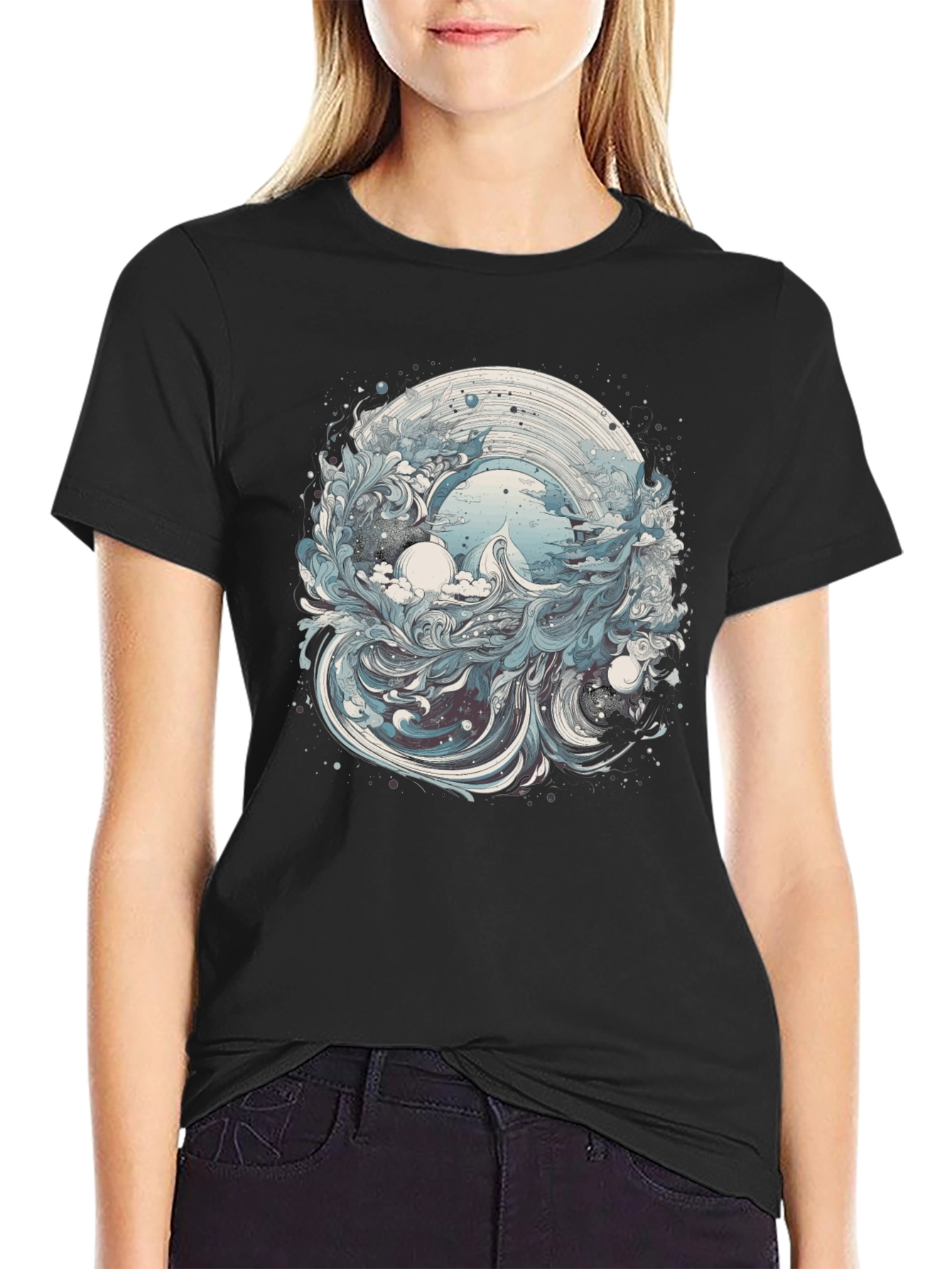 Artistic Wave Design Black T-Shirt