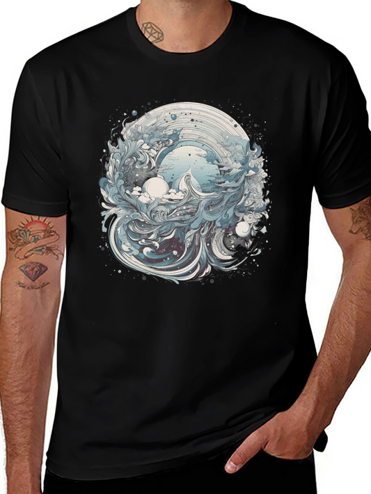 Artistic Wave Design Black T-Shirt