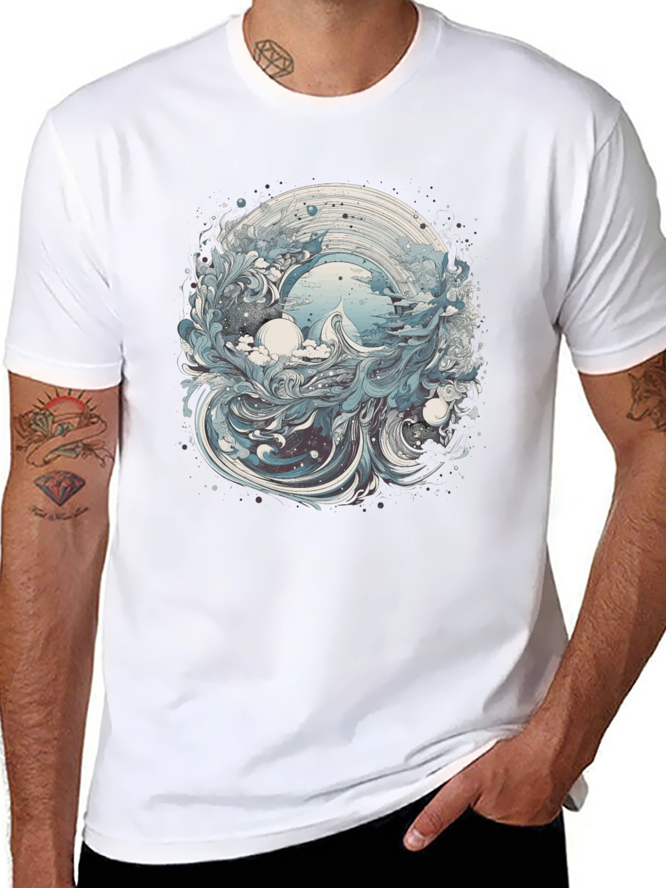 Artistic Wave Design Black T-Shirt