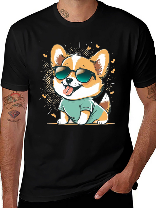 Cool Corgi Cartoon Graphic Tee - Black Cotton T-Shirt