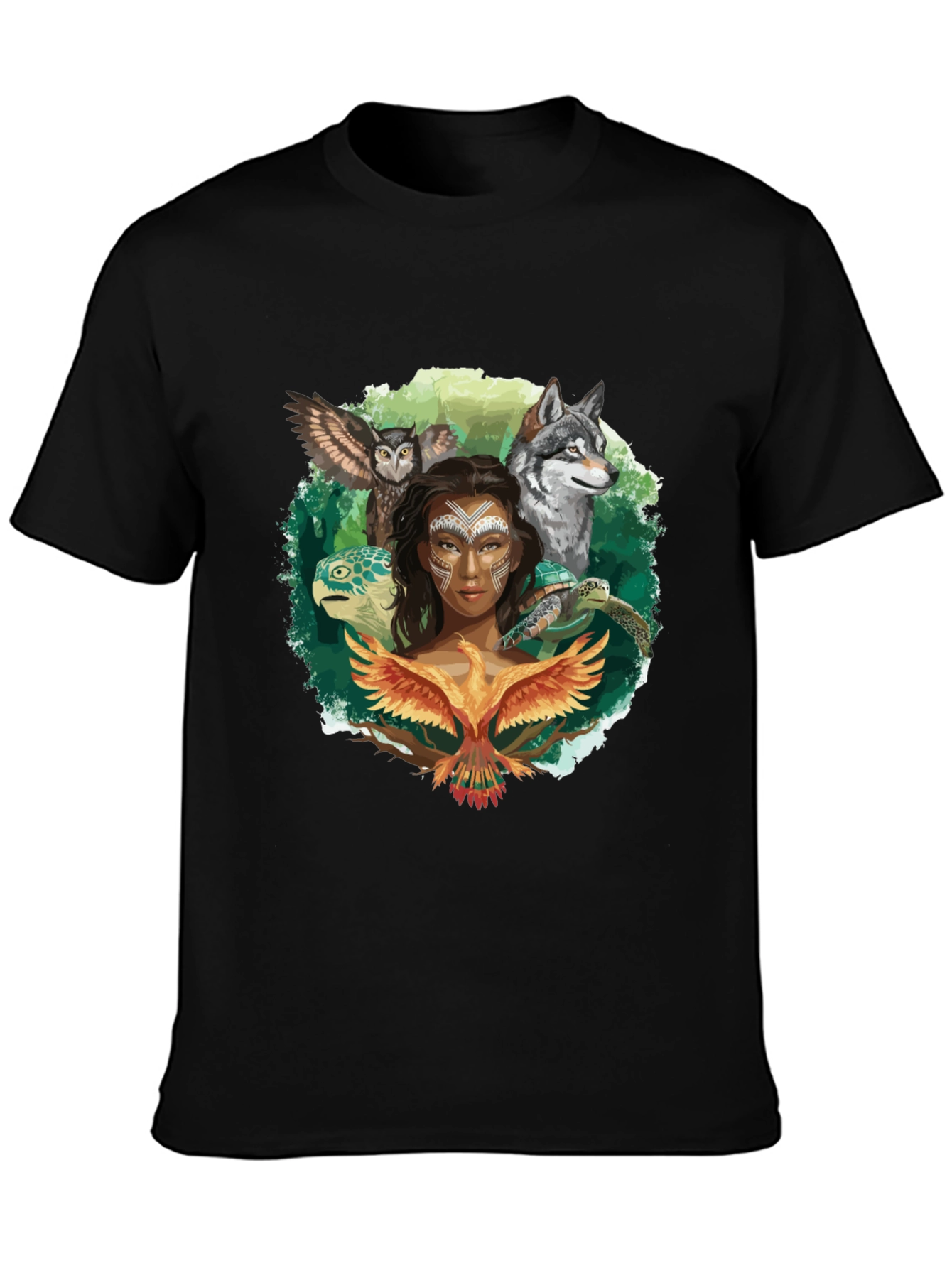 Native Spirit T-Shirt - Owl Wolf Turtle Phoenix Design