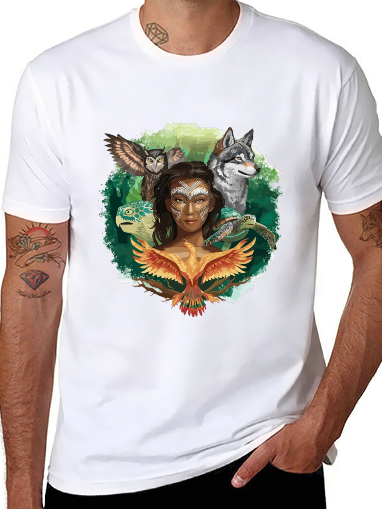 Native Spirit T-Shirt - Owl Wolf Turtle Phoenix Design