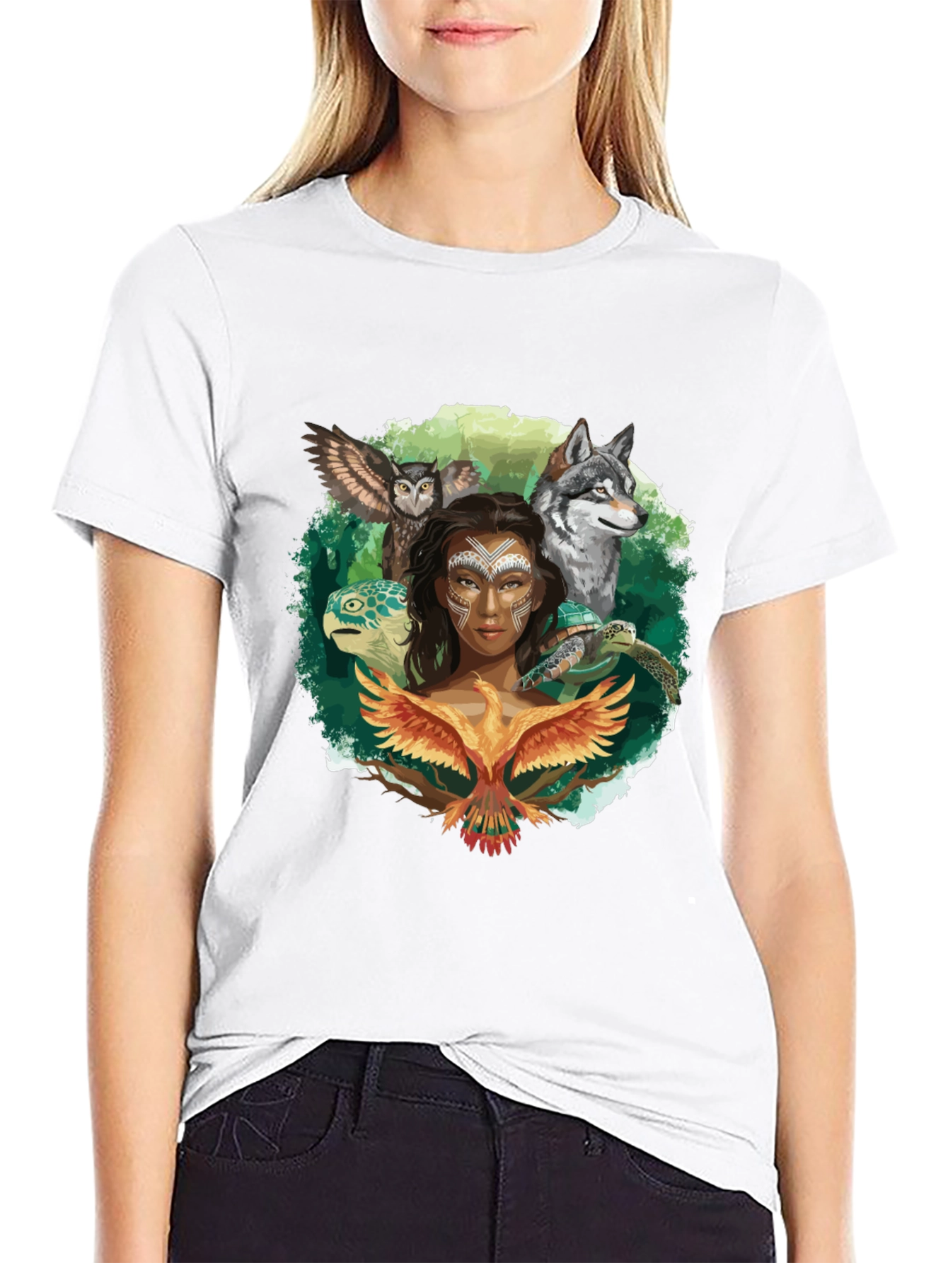 Native Spirit T-Shirt - Owl Wolf Turtle Phoenix Design