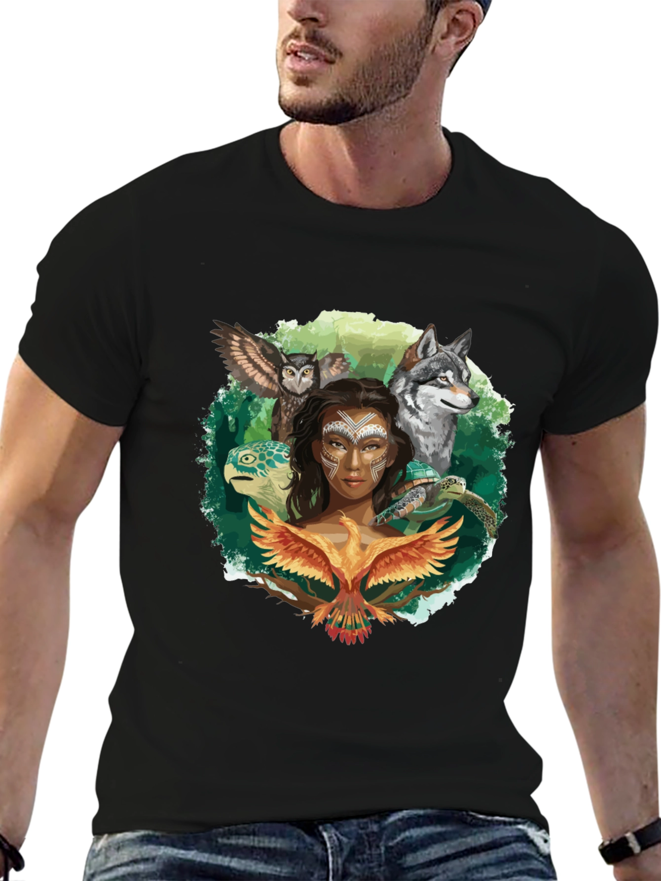 Native Spirit T-Shirt - Owl Wolf Turtle Phoenix Design