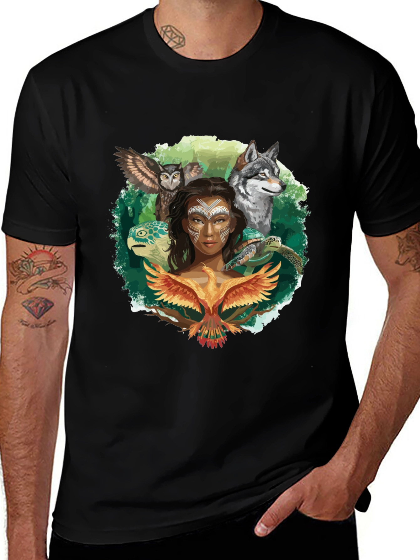 Native Spirit T-Shirt - Owl Wolf Turtle Phoenix Design