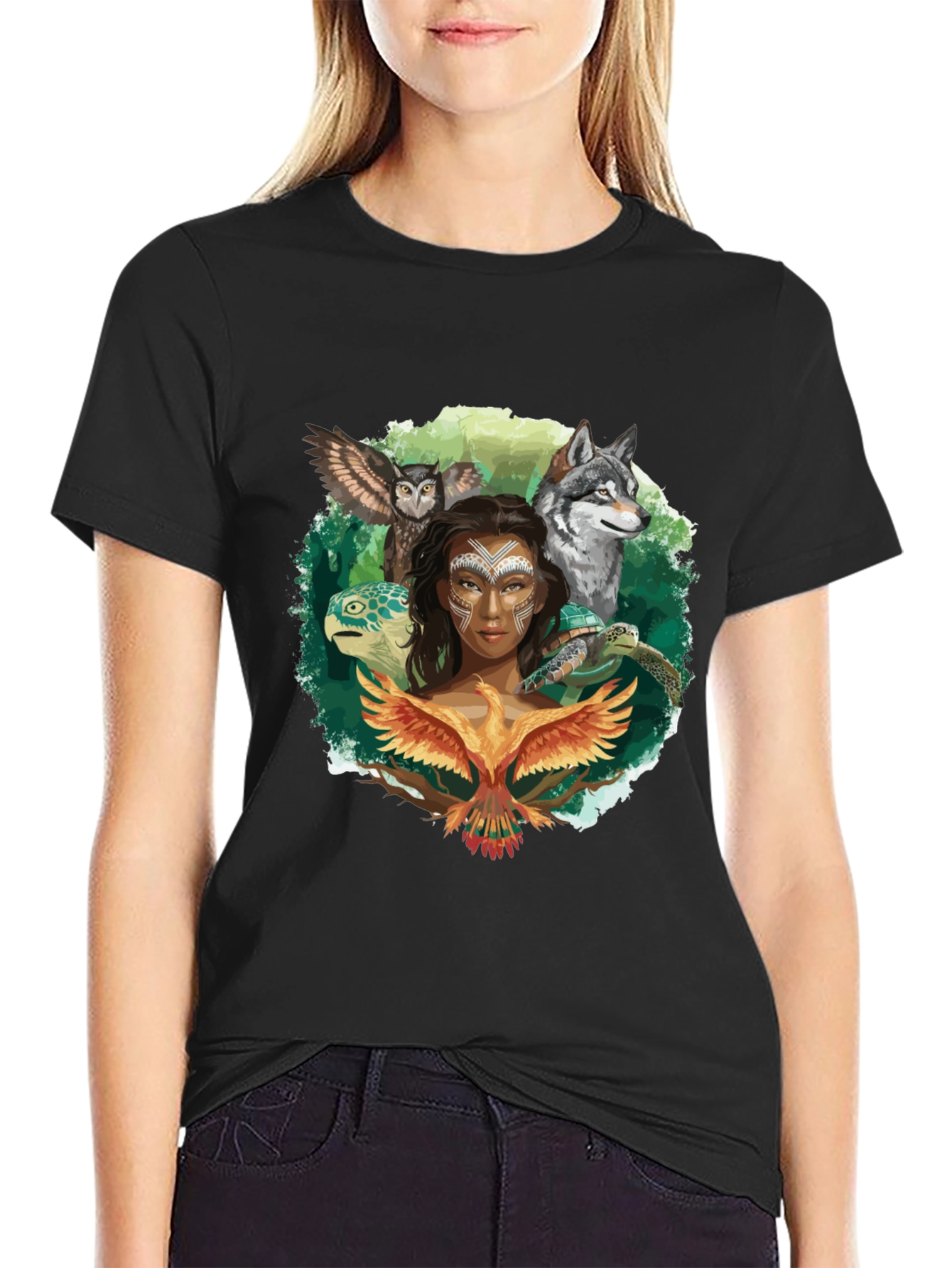 Native Spirit T-Shirt - Owl Wolf Turtle Phoenix Design
