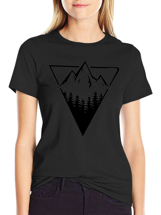Geometric Mountain & Forest Graphic Tee - Black