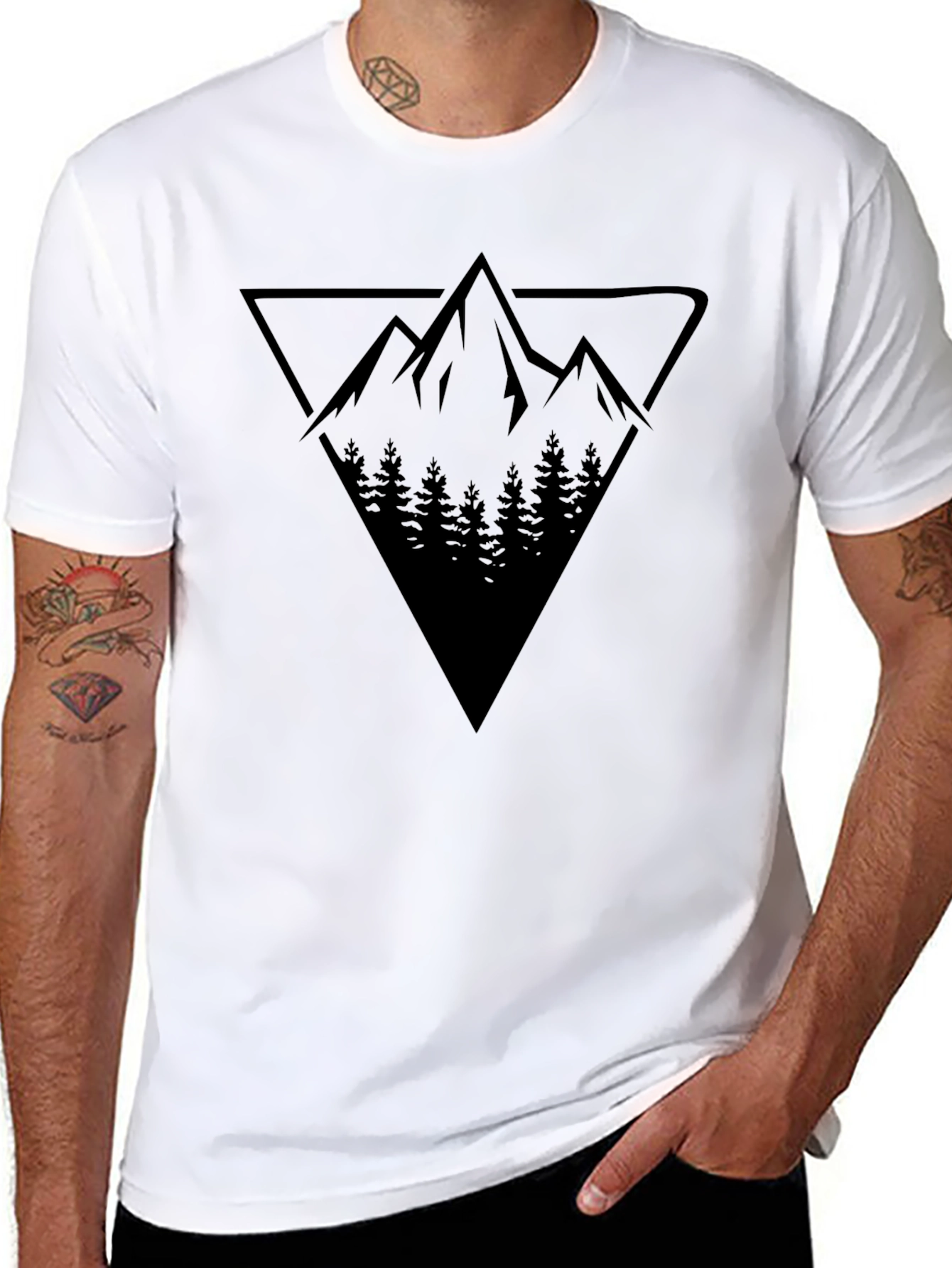 Geometric Mountain & Forest Graphic Tee - Black