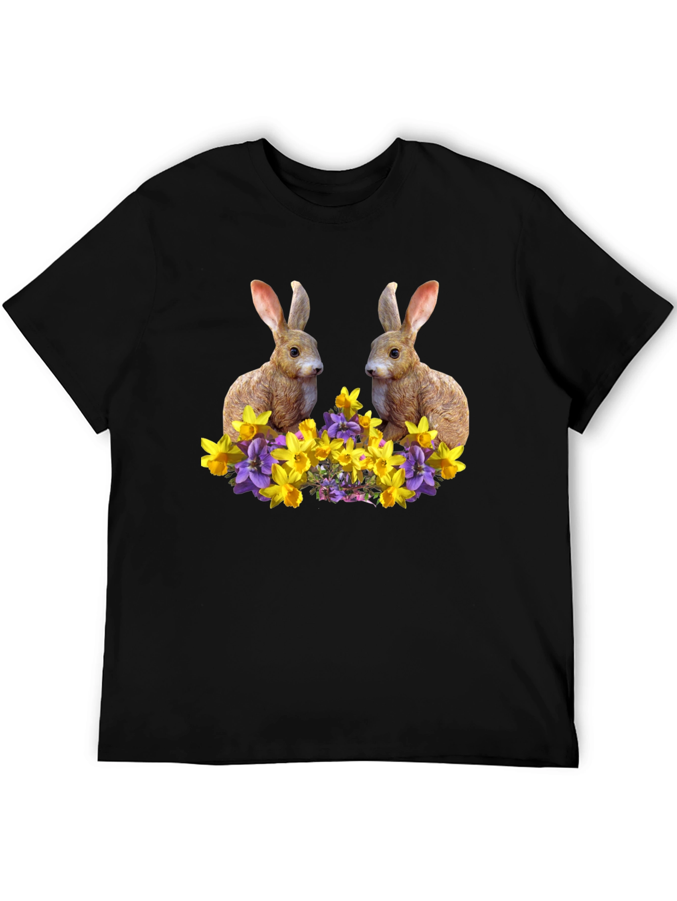 Bunny & Floral Print Black T-Shirt