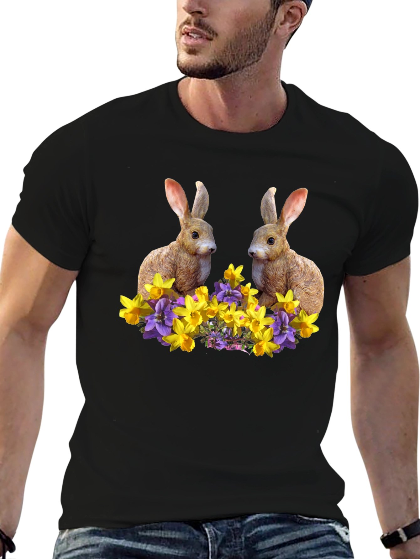 Bunny & Floral Print Black T-Shirt