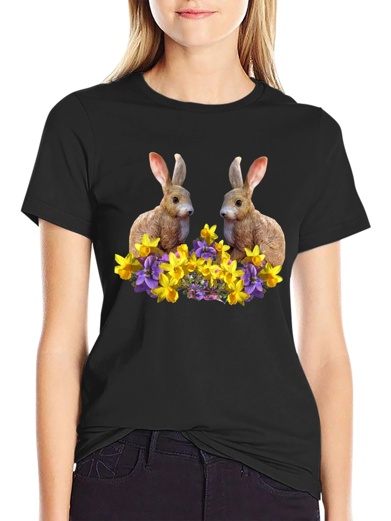 Bunny & Floral Print Black T-Shirt