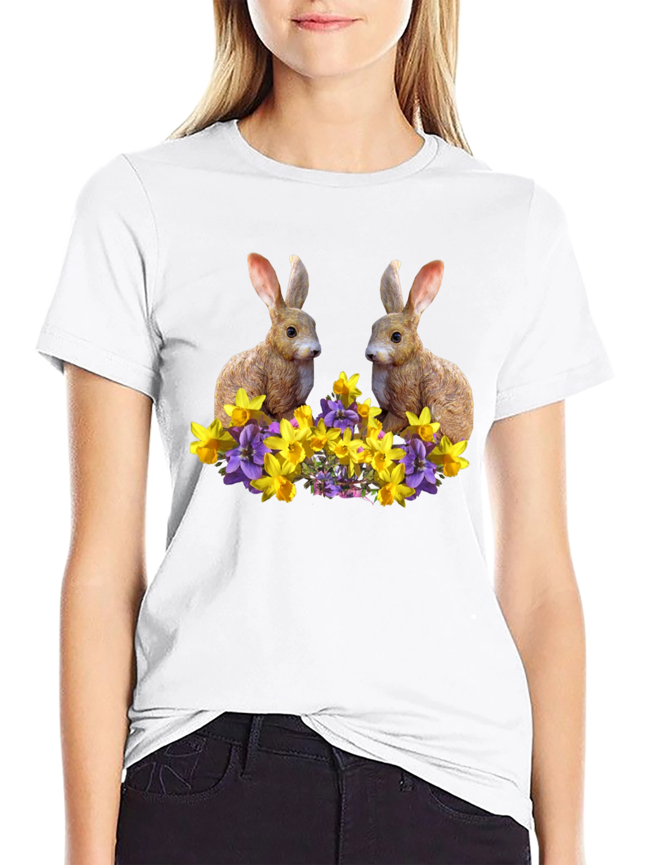 Bunny & Floral Print Black T-Shirt