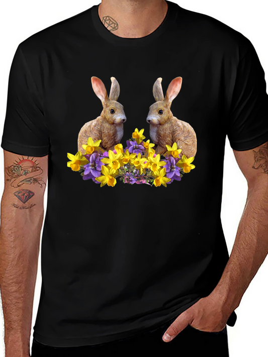 Bunny & Floral Print Black T-Shirt
