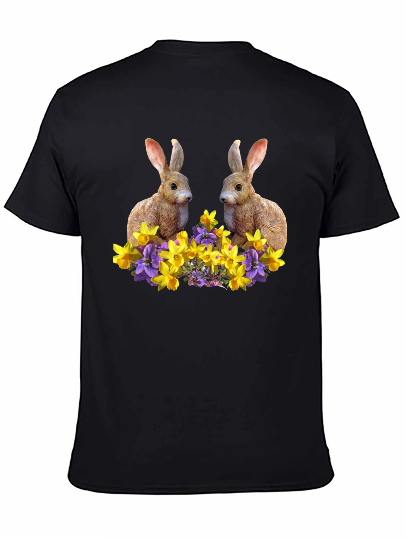 Bunny & Floral Print Black T-Shirt