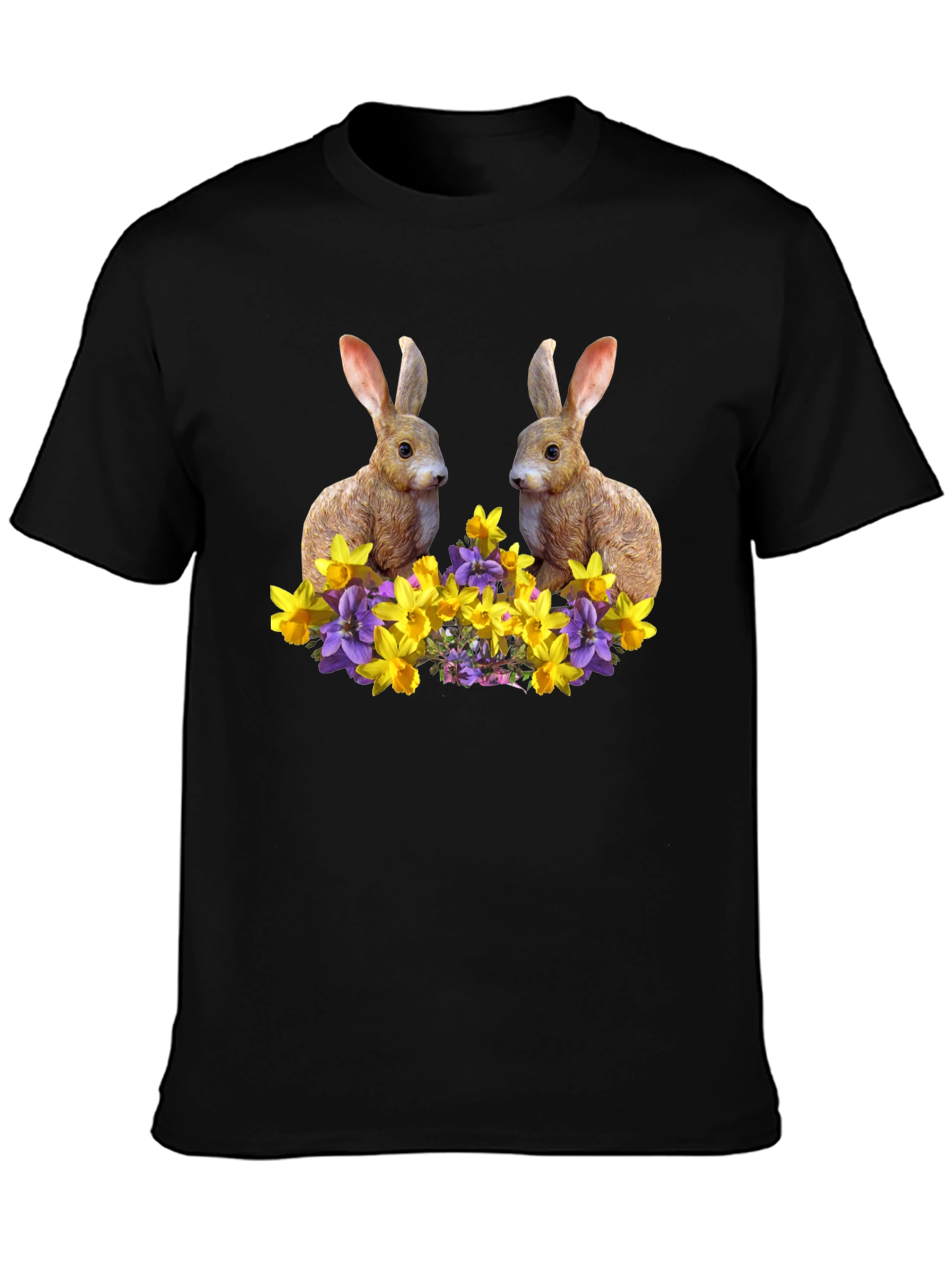 Bunny & Floral Print Black T-Shirt