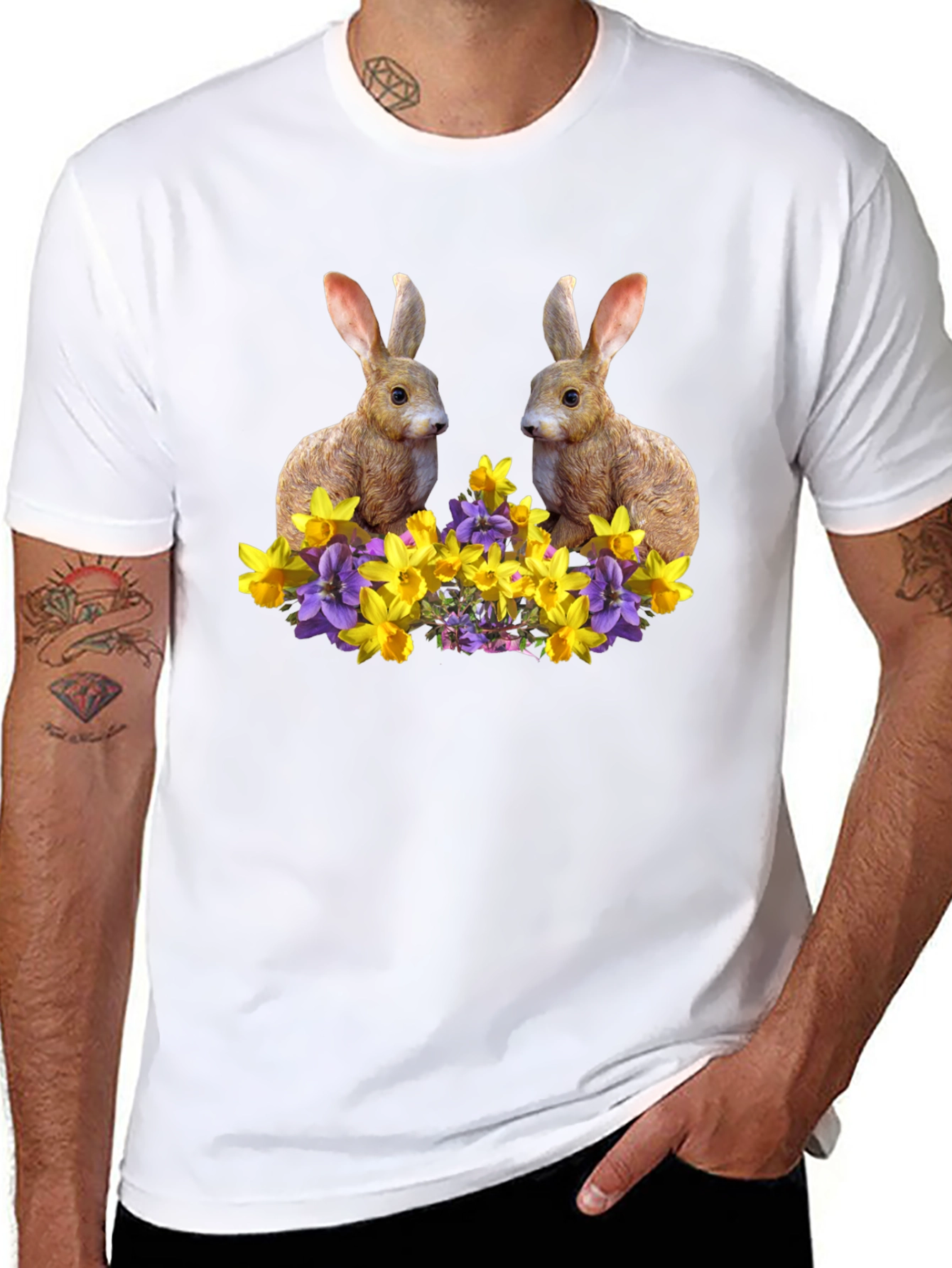Bunny & Floral Print Black T-Shirt