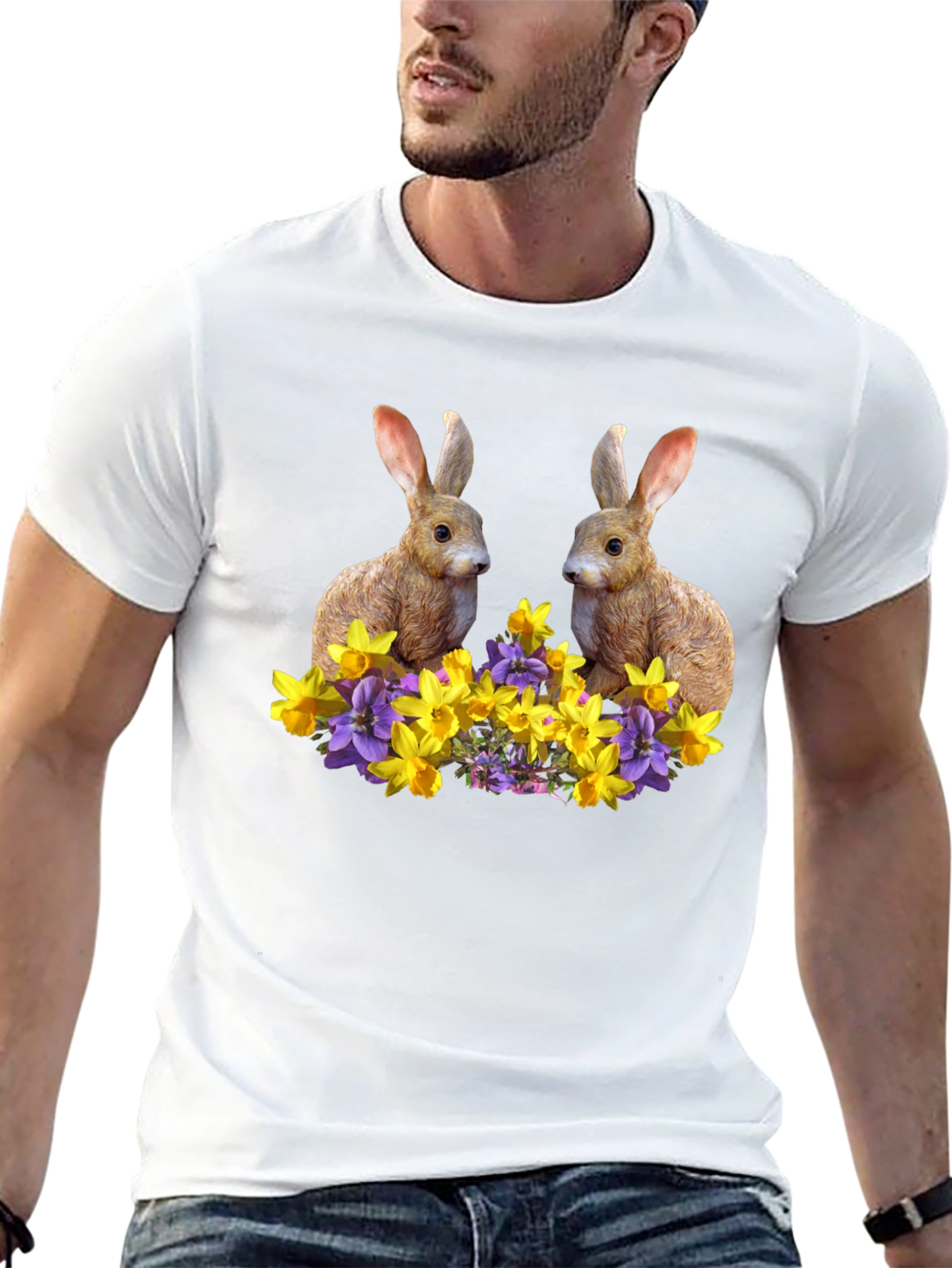 Bunny & Floral Print Black T-Shirt