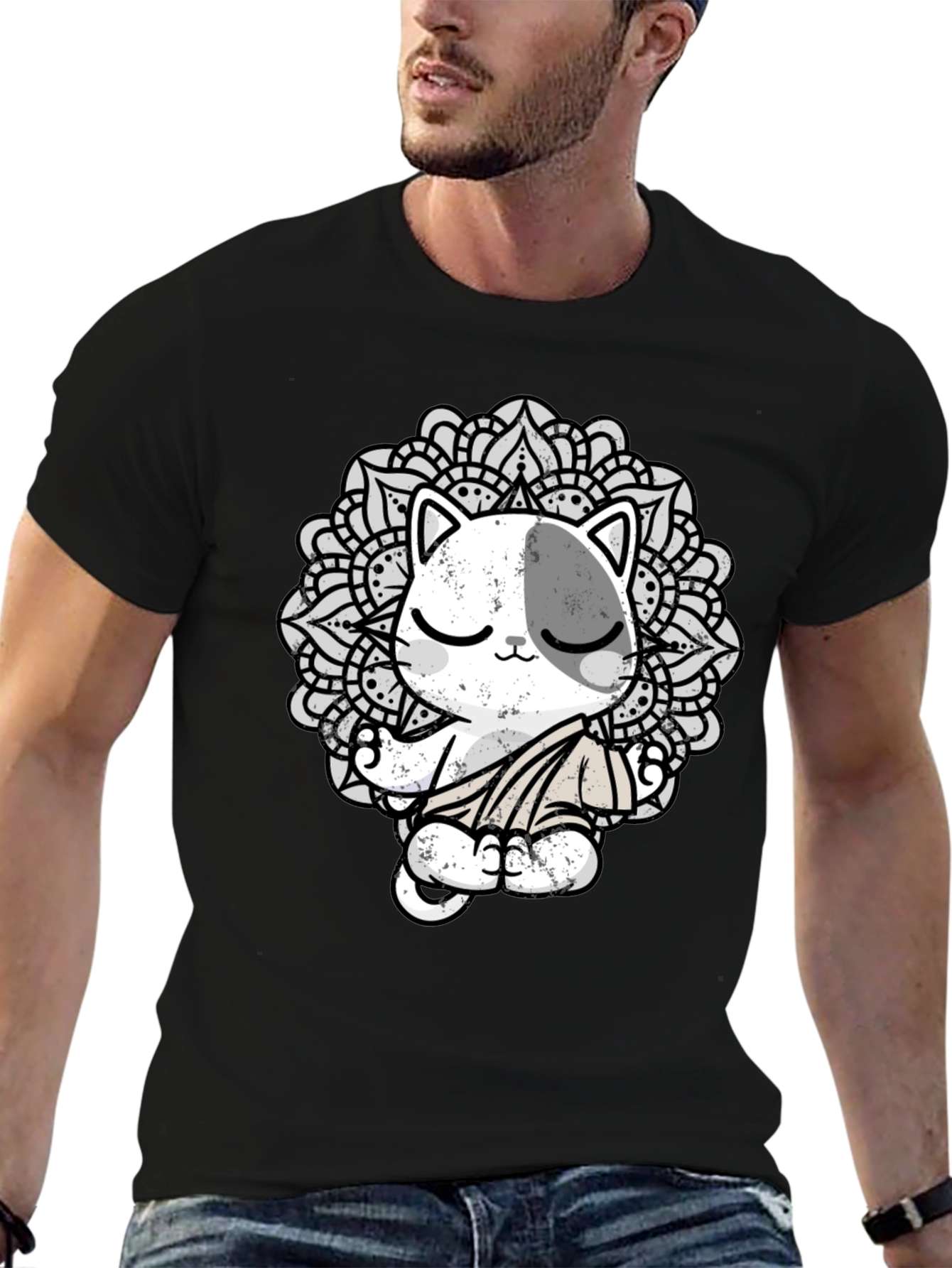 Zen Cat Mandala T-Shirt - Black