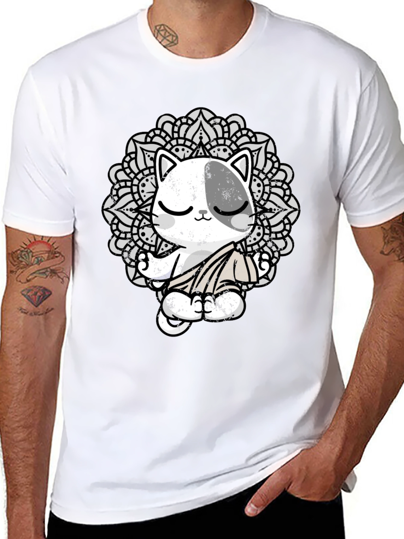 Zen Cat Mandala T-Shirt - Black