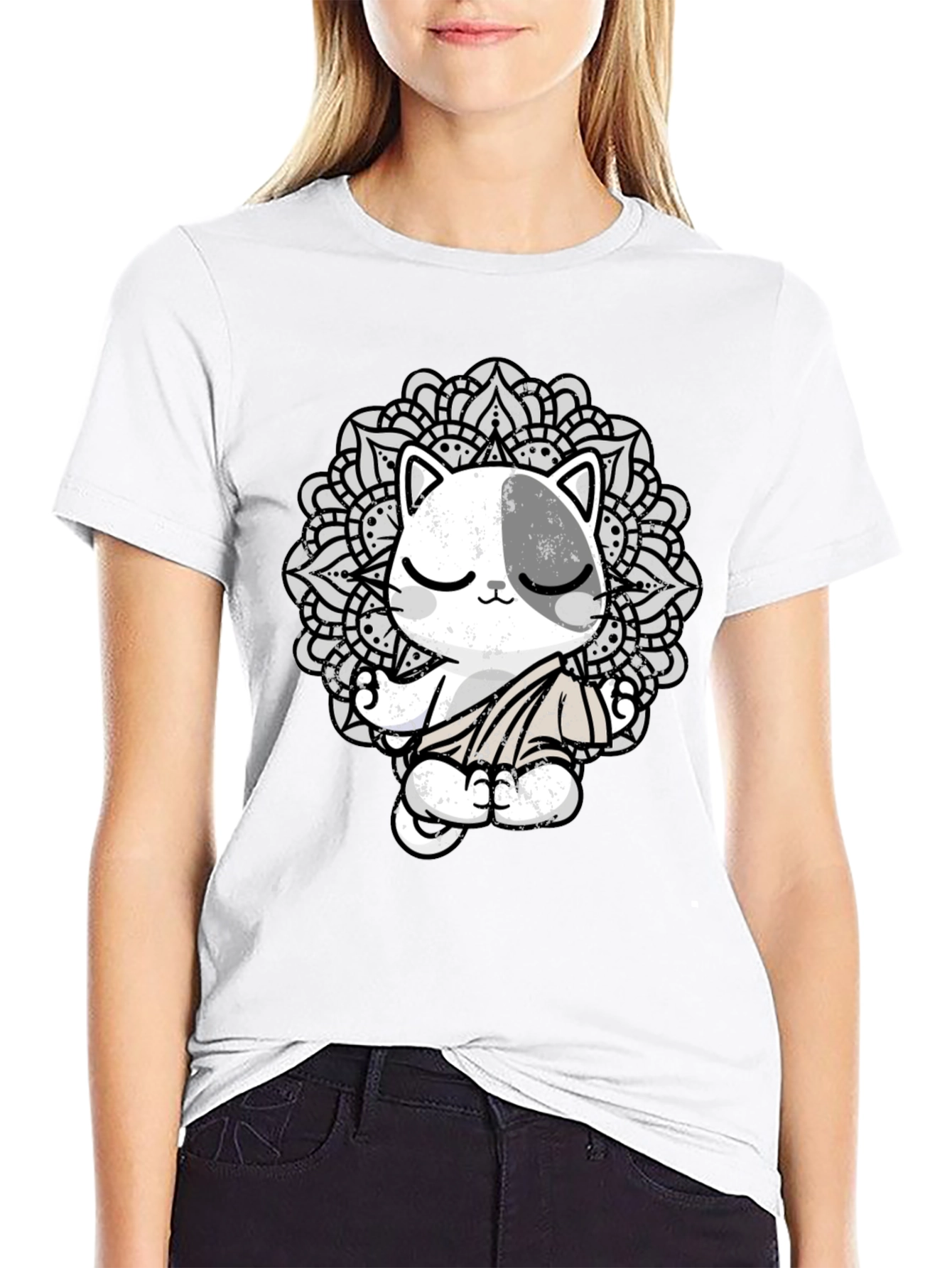 Zen Cat Mandala T-Shirt - Black