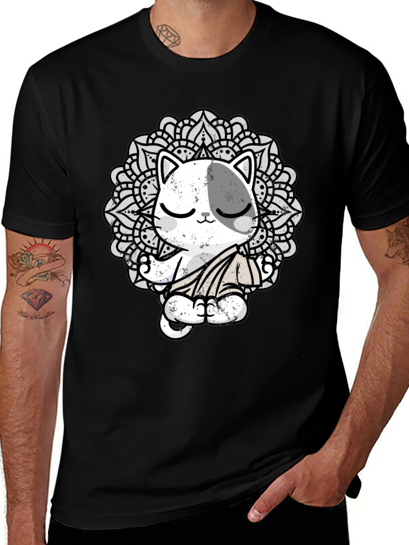 Zen Cat Mandala T-Shirt - Black
