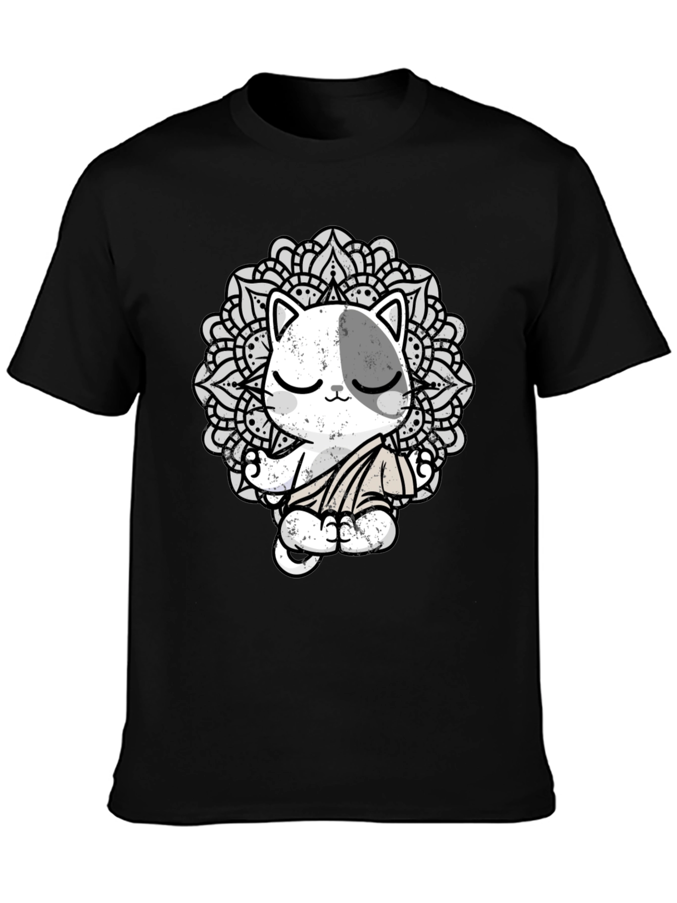 Zen Cat Mandala T-Shirt - Black