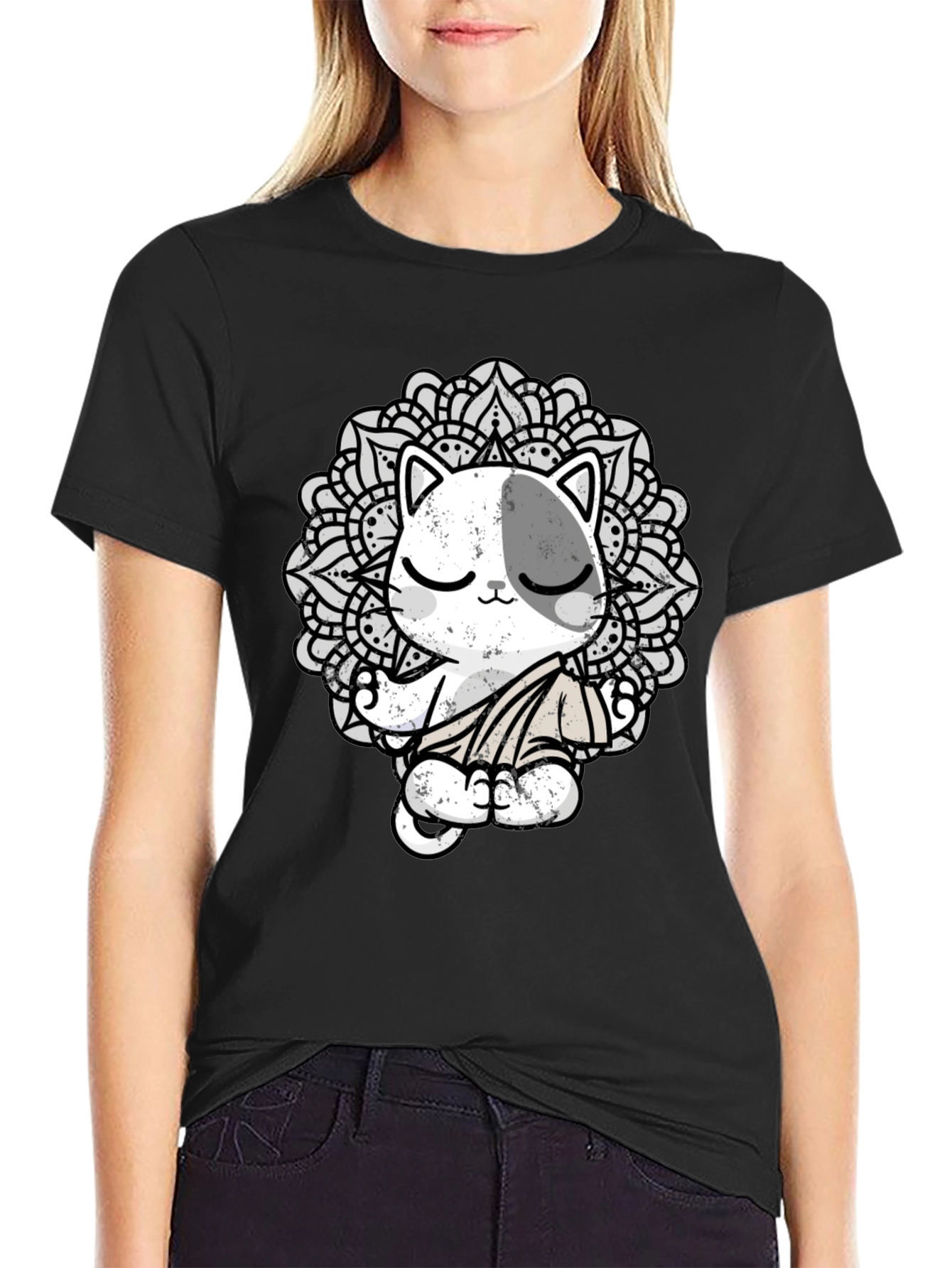 Zen Cat Mandala T-Shirt - Black