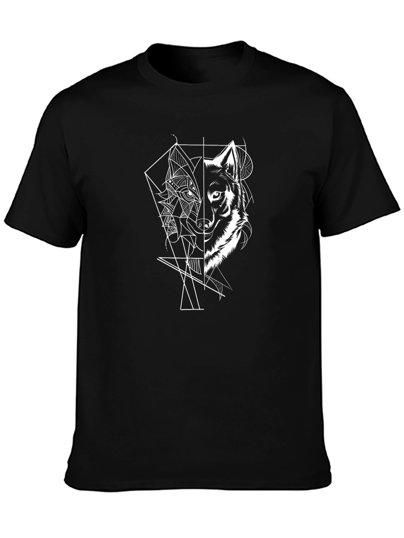 Geometric Wolf Graphic Print Black T-Shirt