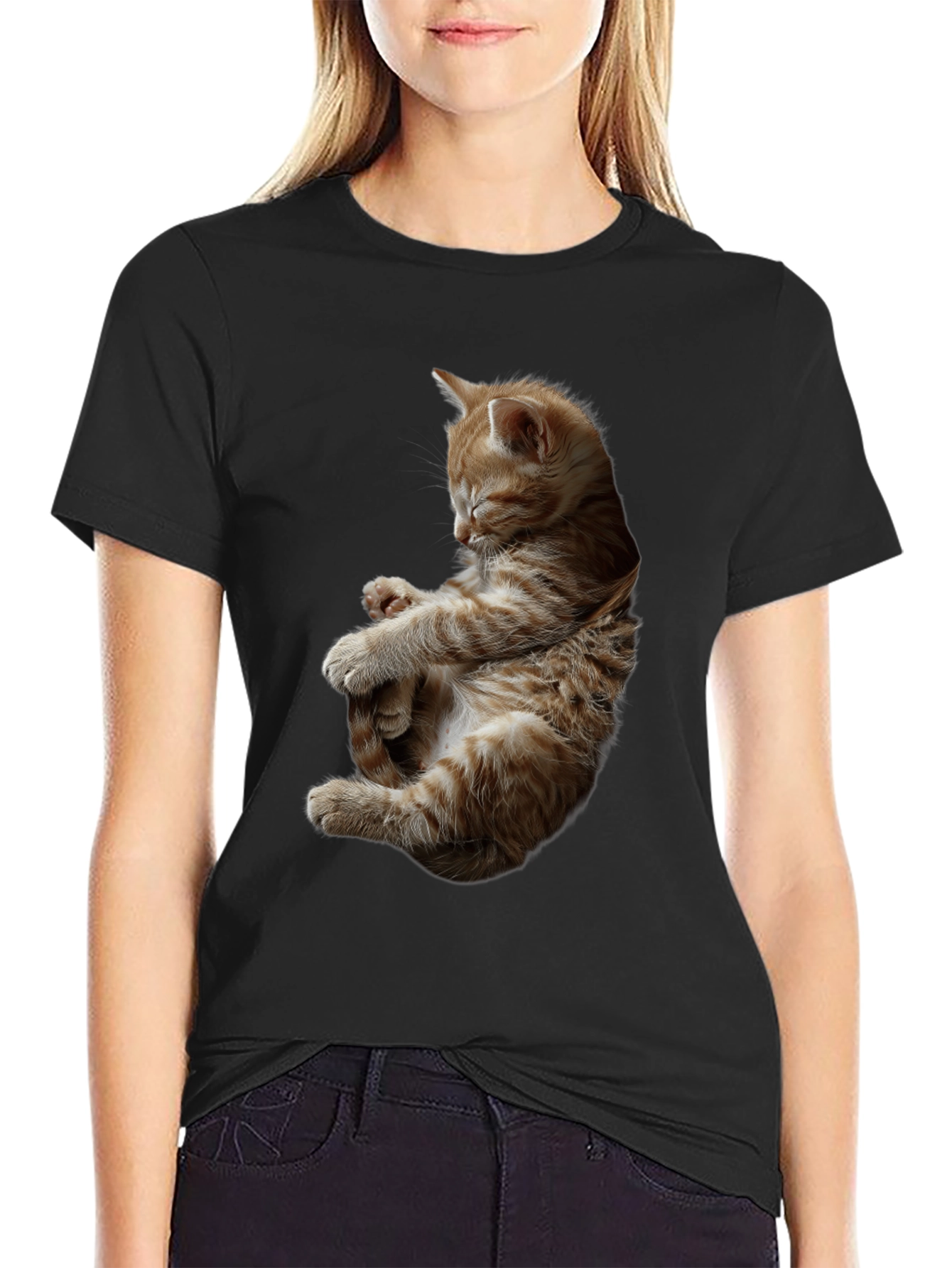 Sleeping Kitten Graphic Black T-Shirt