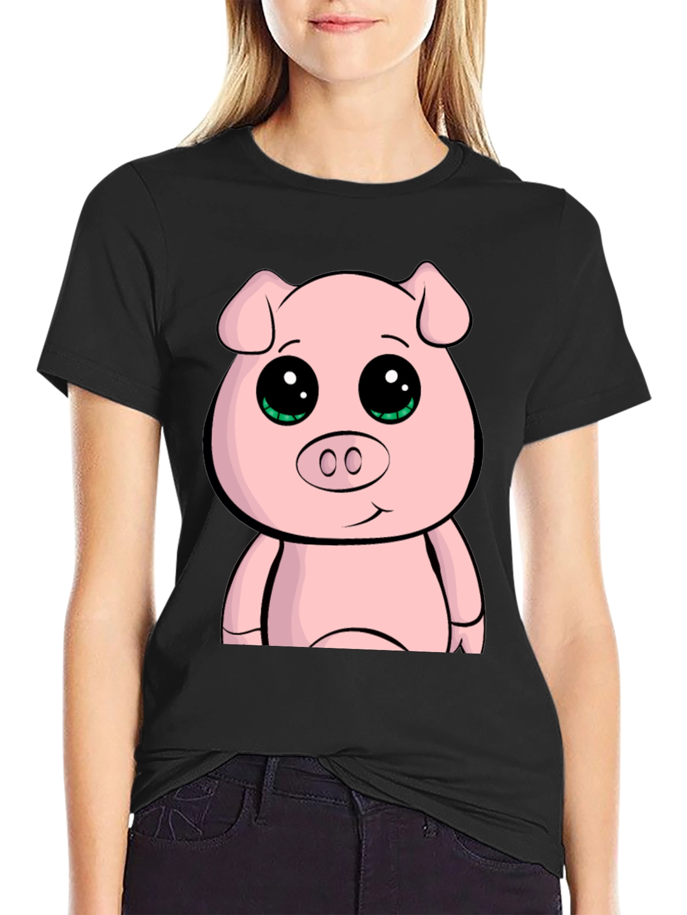 Cute Cartoon Pig Graphic Tee - Black Casual T-Shirt