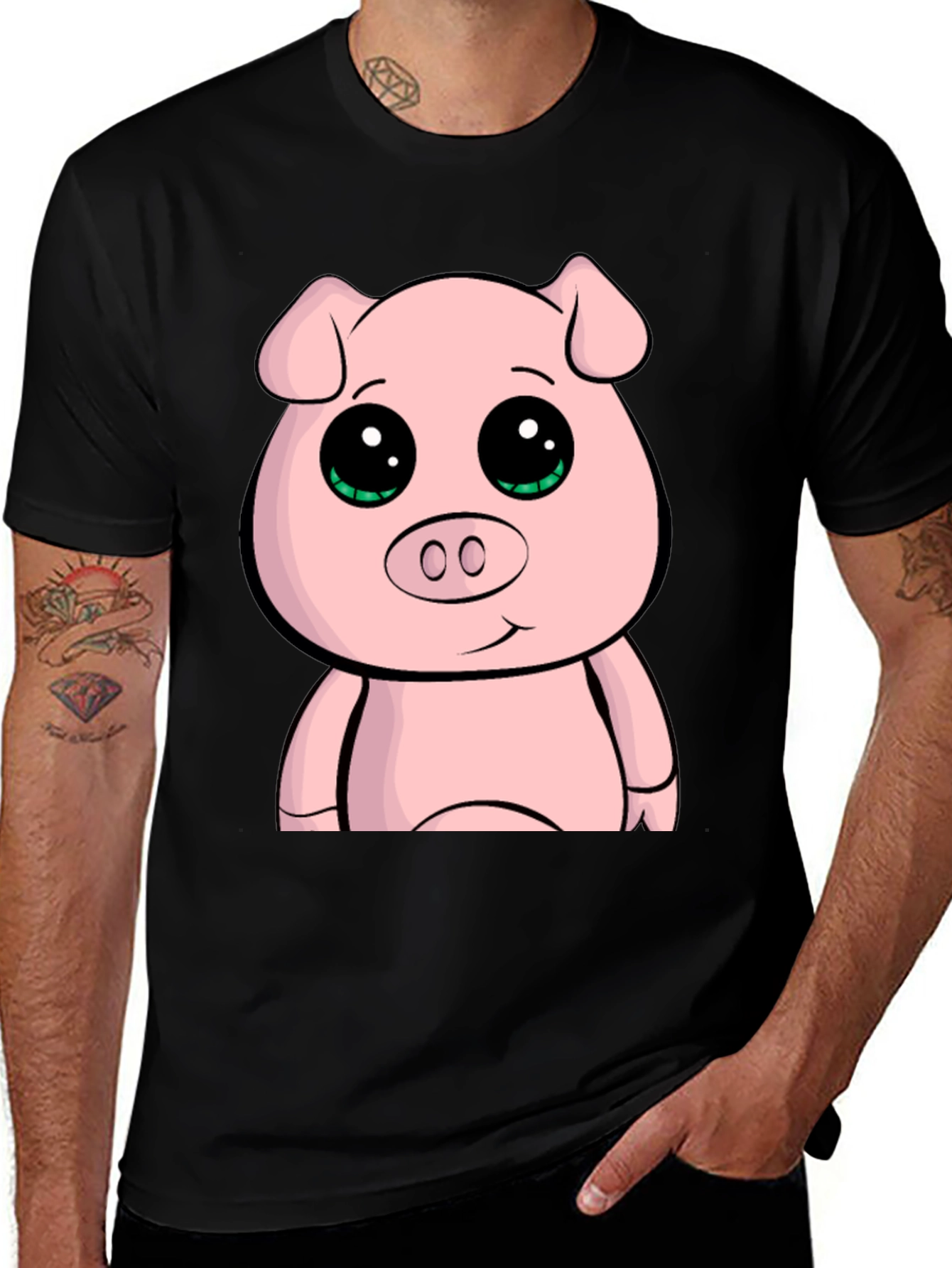 Cute Cartoon Pig Graphic Tee - Black Casual T-Shirt