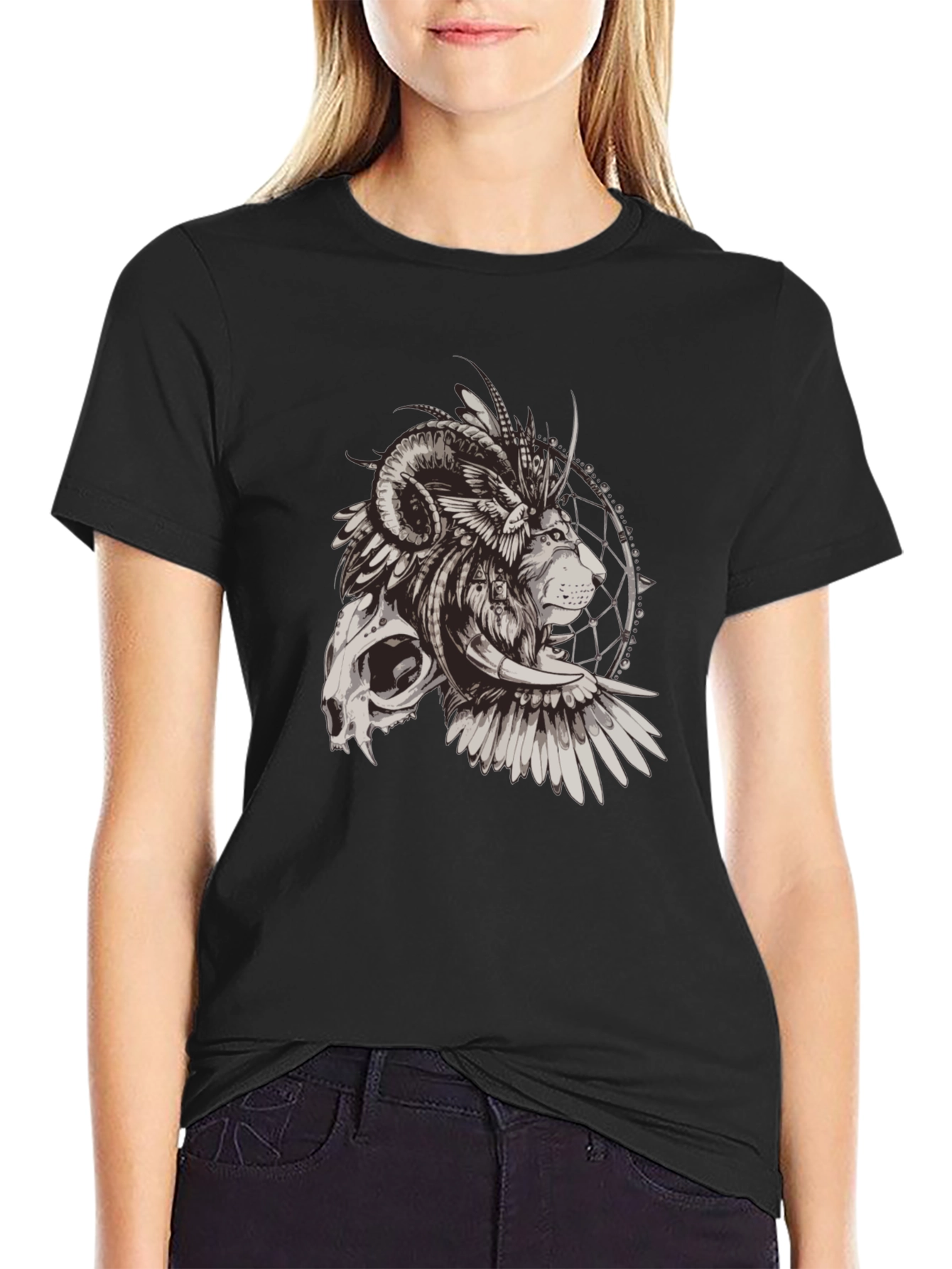 Skull Lion Dreamcatcher Graphic Tee - Mens Black T-Shirt