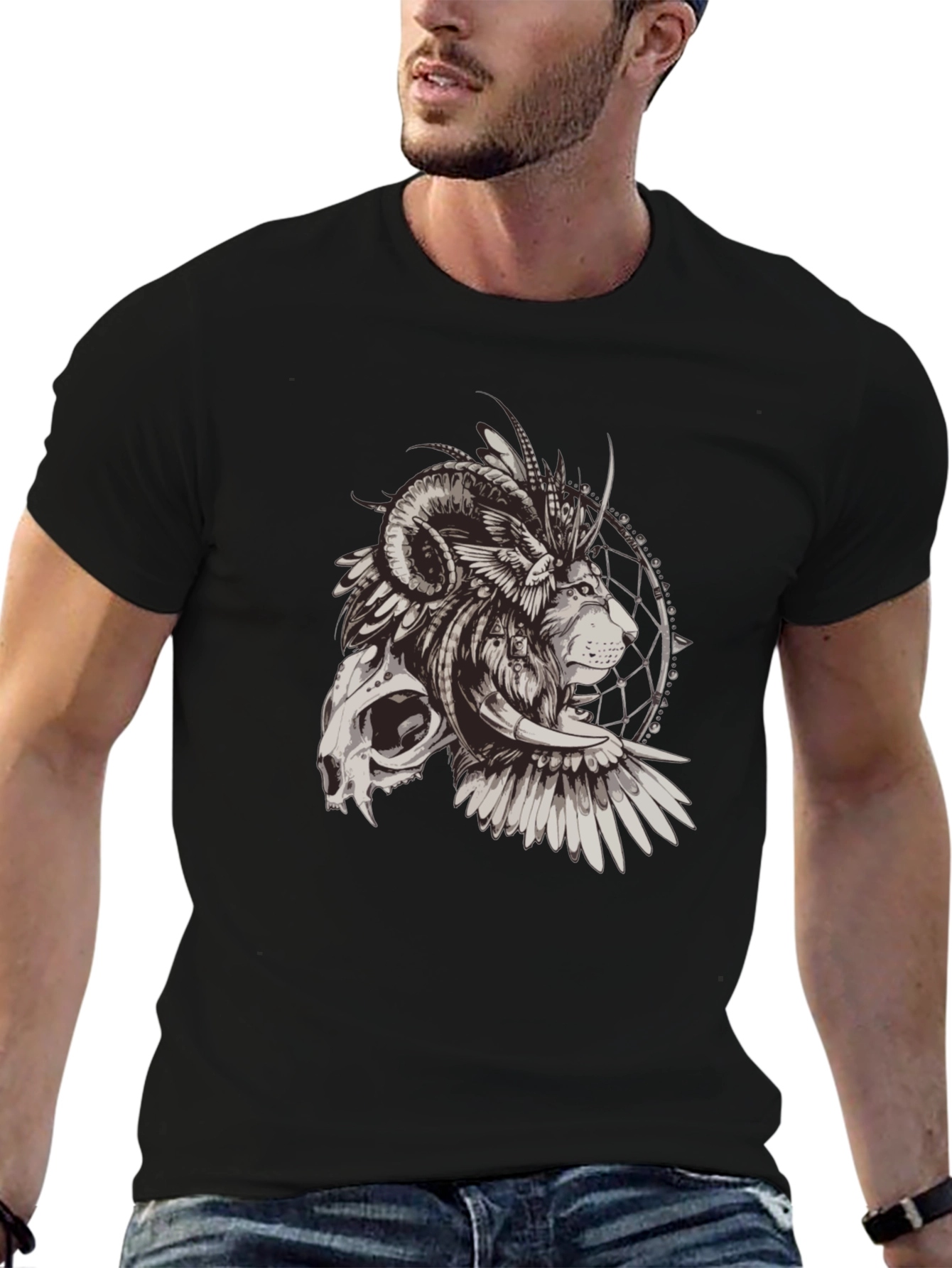 Skull Lion Dreamcatcher Graphic Tee - Mens Black T-Shirt
