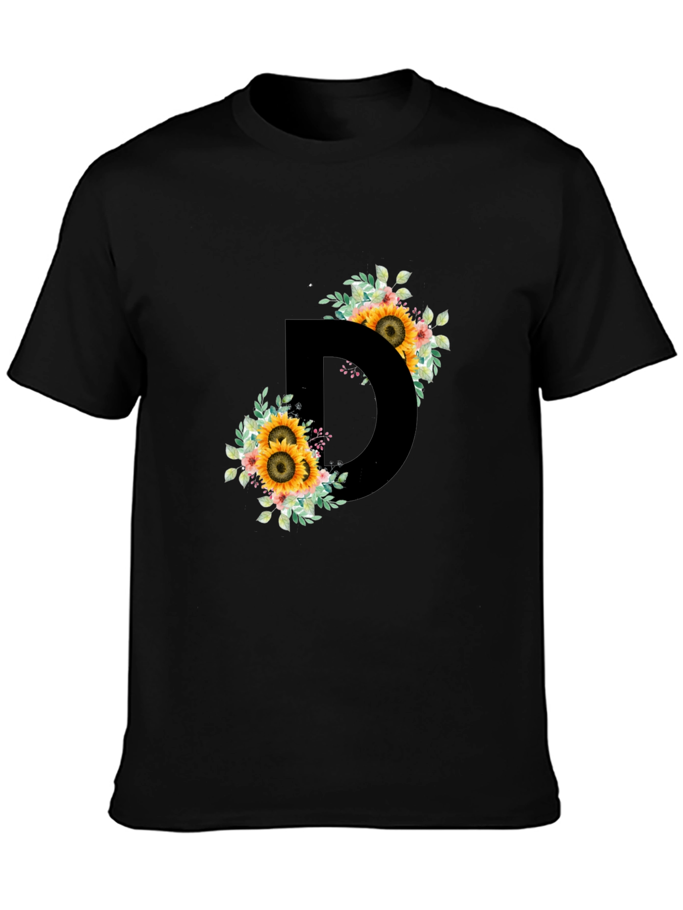 Floral Letter D Black T-Shirt