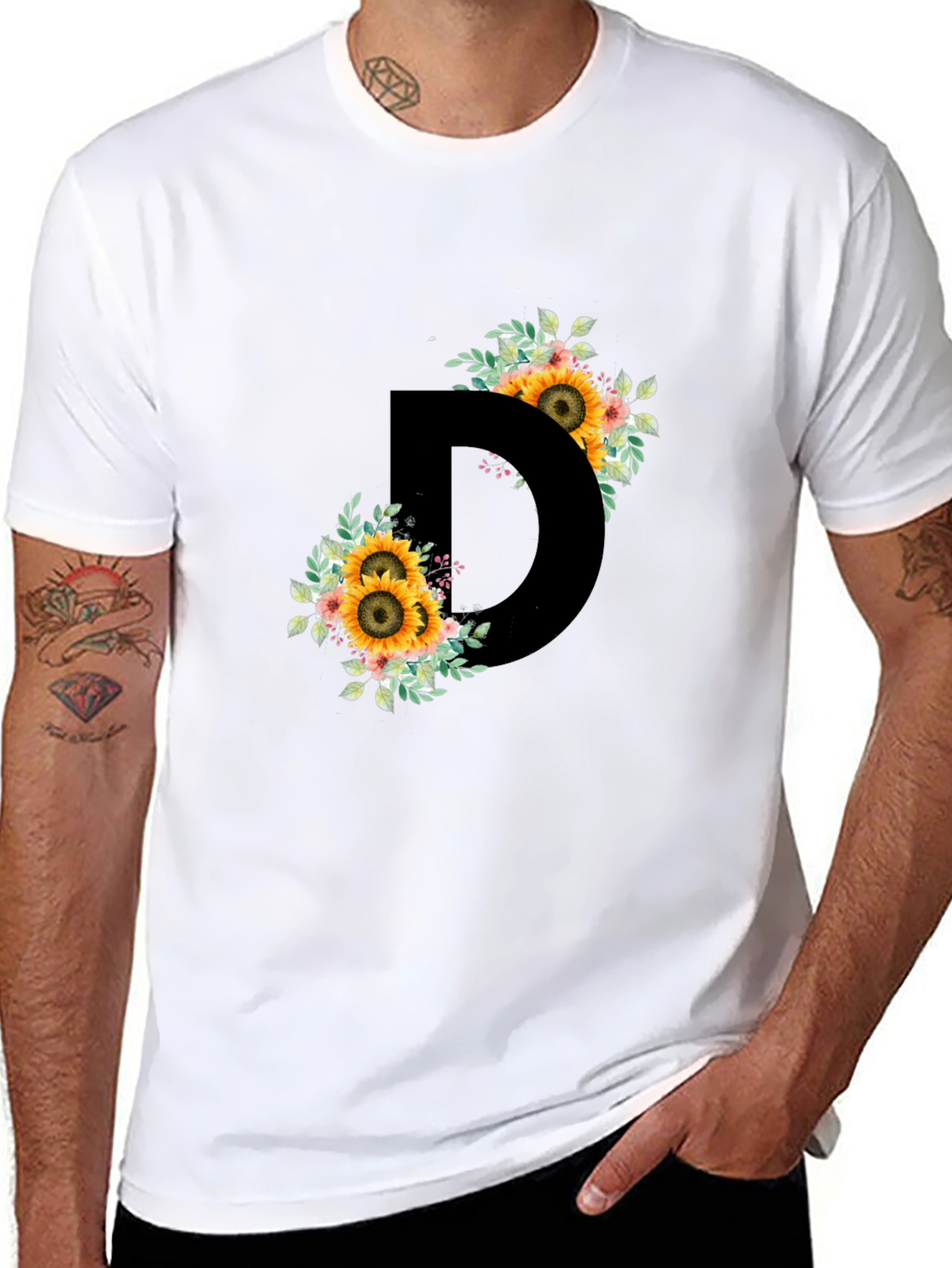 Floral Letter D Black T-Shirt
