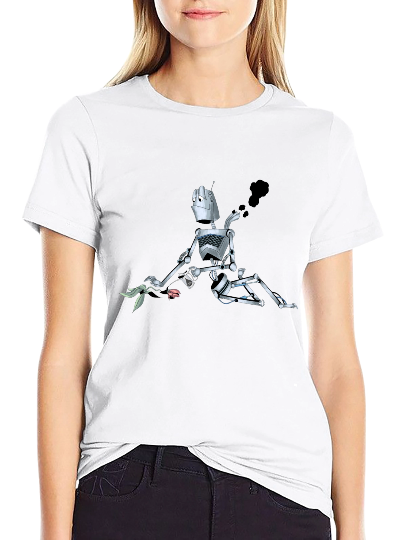 Robot with Flower Graphic Tee - Black