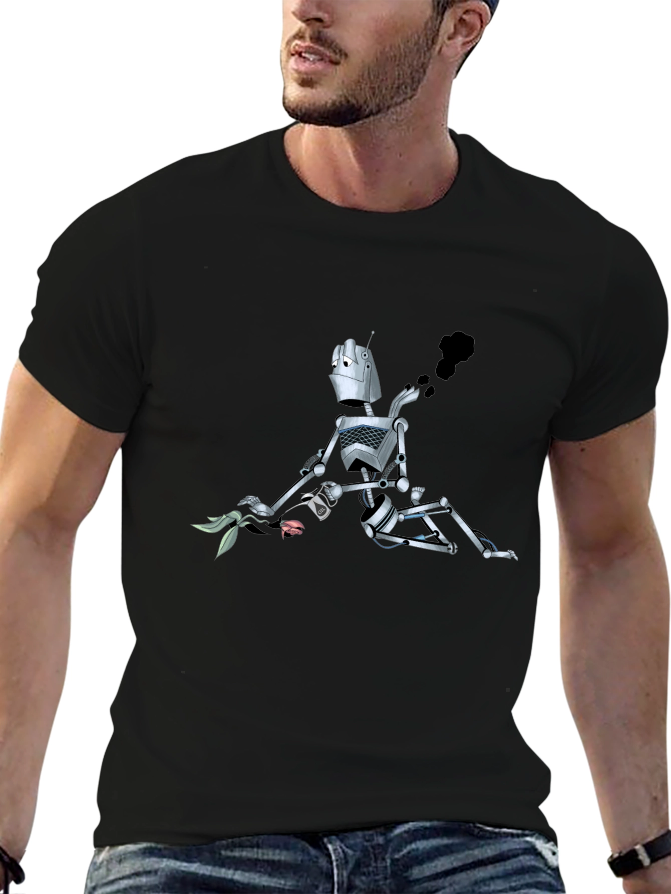 Robot with Flower Graphic Tee - Black