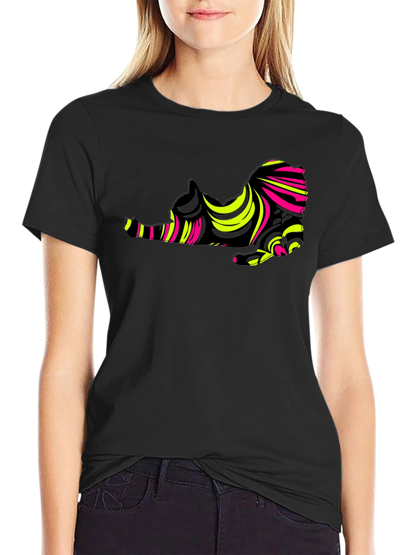 Abstract Cat Graphic Tee - Stylish Mens Black T-Shirt