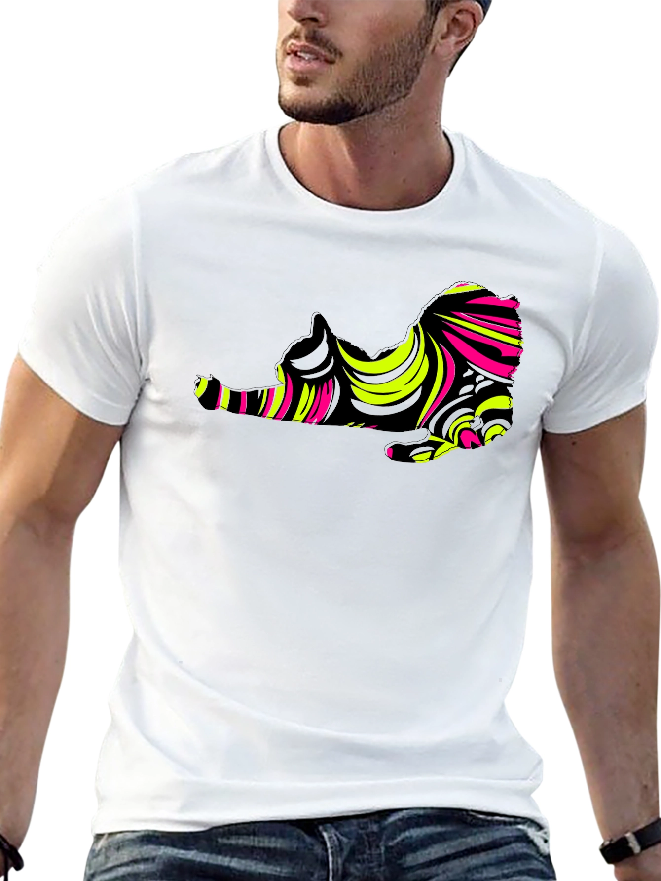 Abstract Cat Graphic Tee - Stylish Mens Black T-Shirt