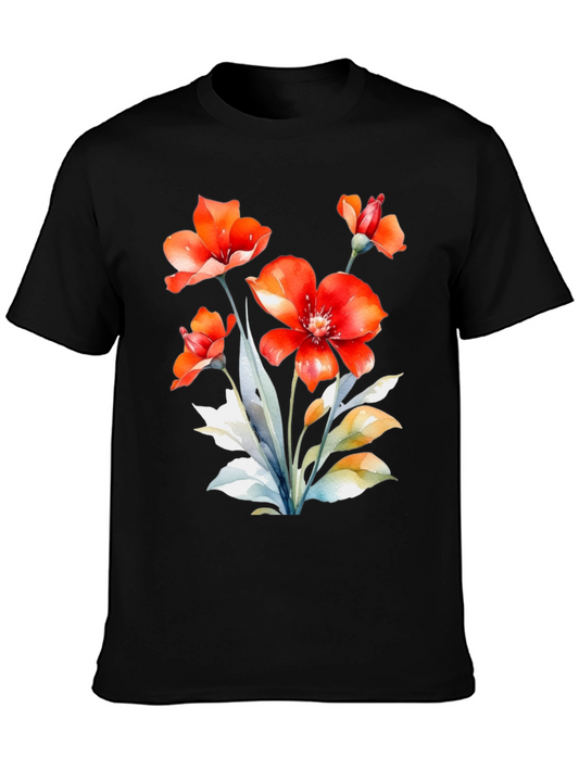Floral Watercolor Graphic Tee - Vivid Red Blossom Design