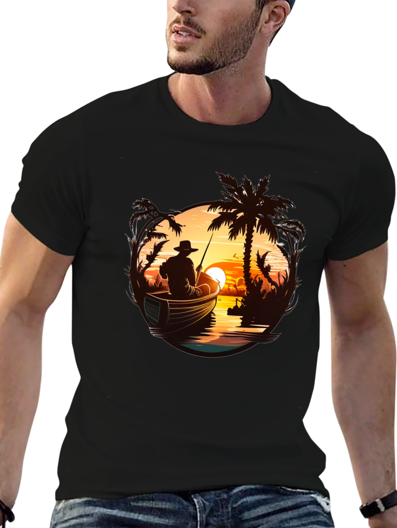Fishing Sunset Graphic Tee - Black