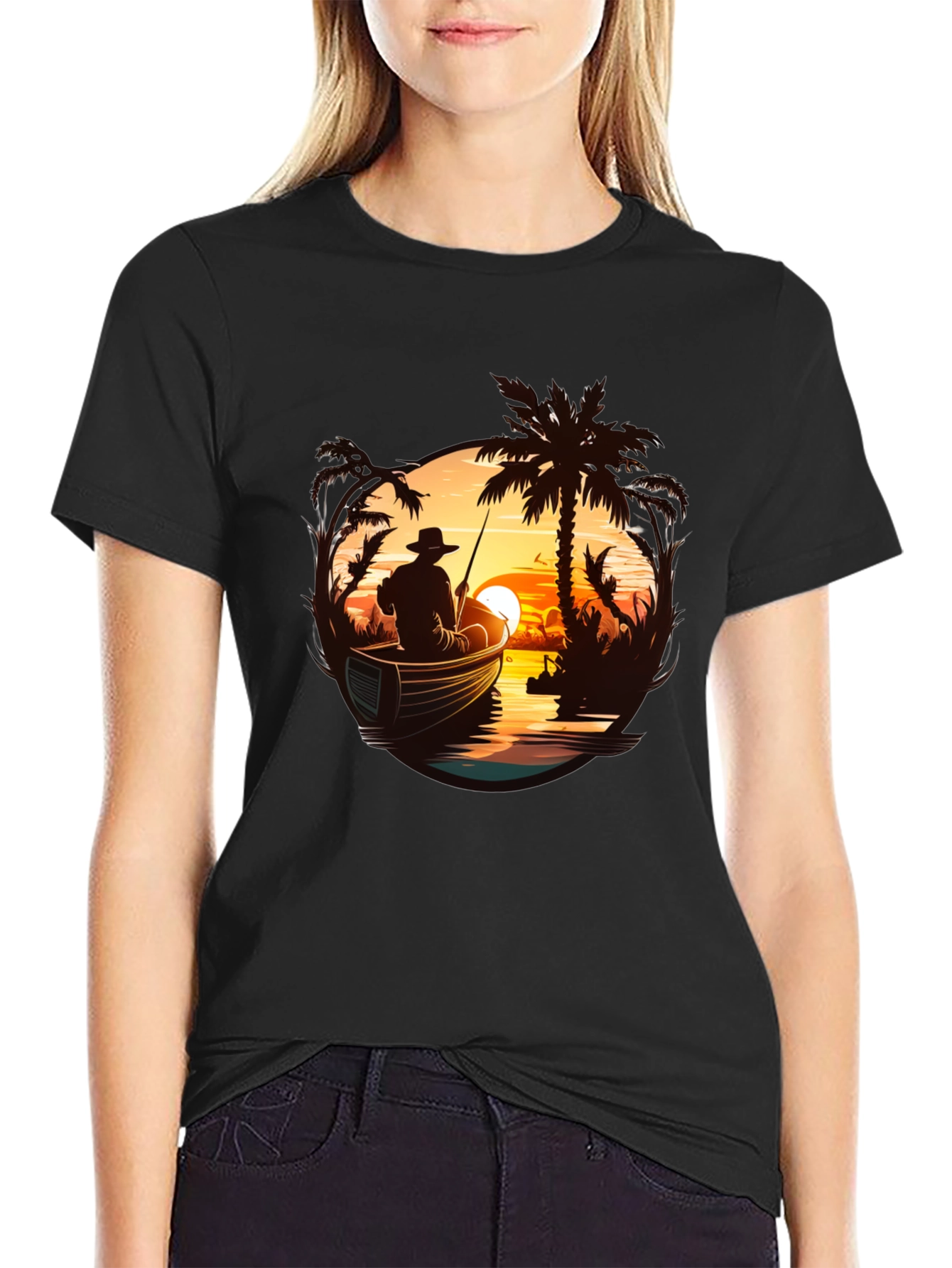 Fishing Sunset Graphic Tee - Black