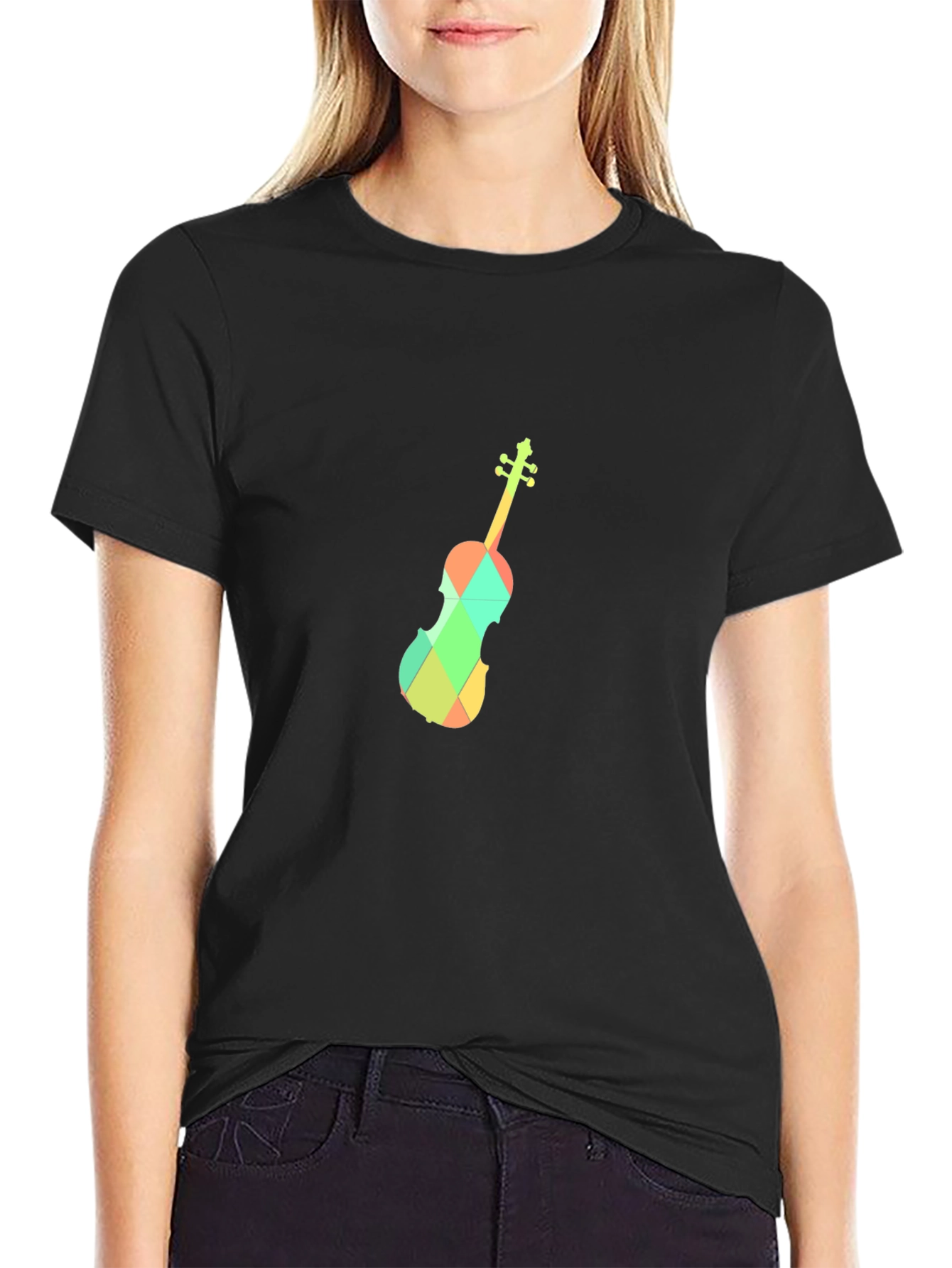 Geometric Violin Graphic Tee - Black Cotton Blend