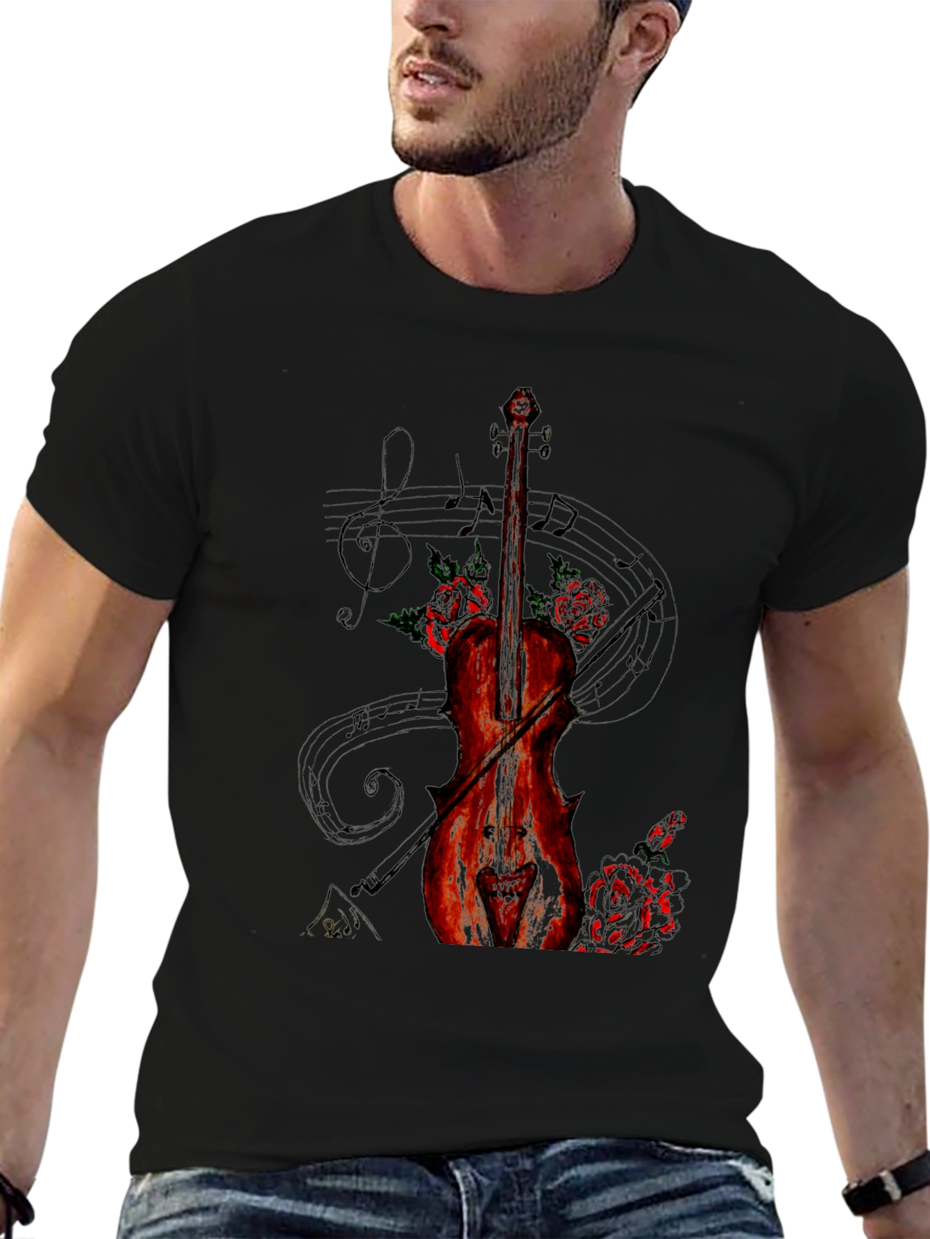 Violin & Roses Graphic Print Black T-Shirt