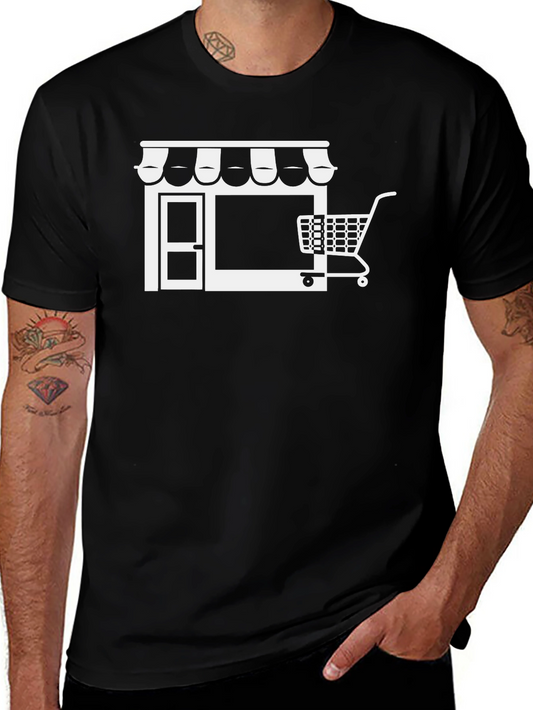 Black T-Shirt with Shopping Cart Storefront Graphic