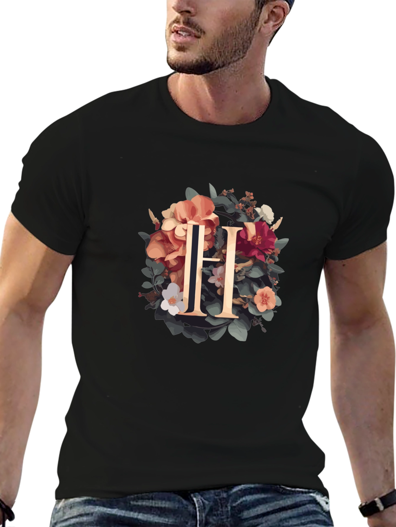 Floral Letter H T-Shirt - Elegant Initial Design